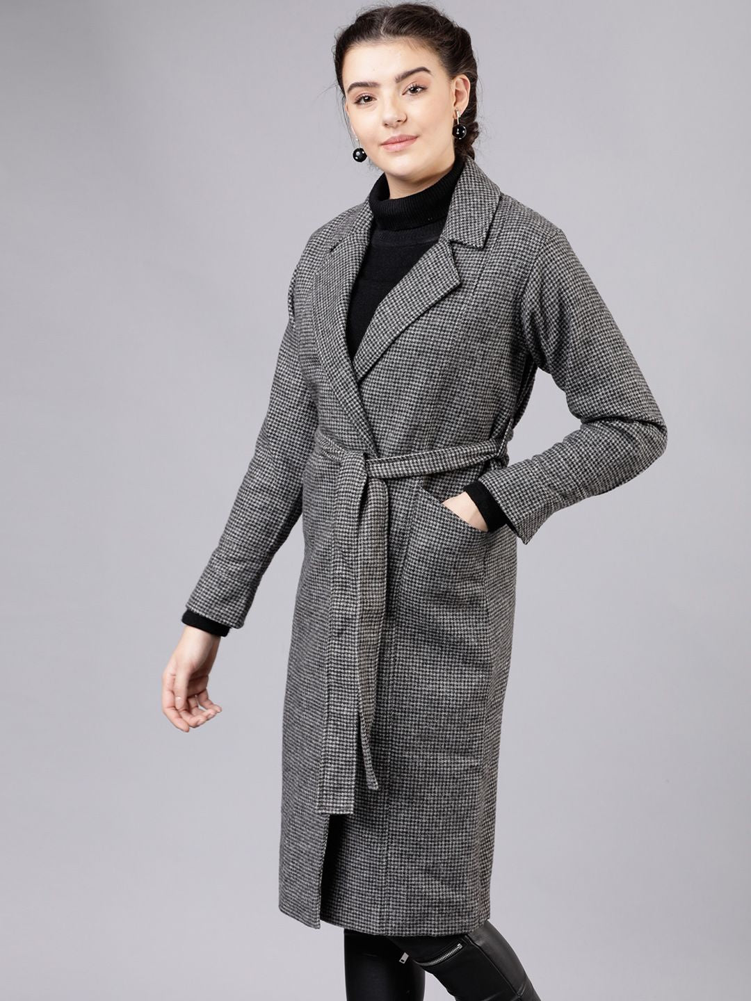 CHIC BY TOKYO TALKIES Women Grey Solid Houndstooth Trench Coat
