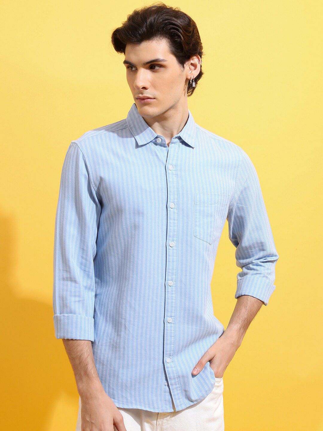 HIGHLANDER Men Blue Slim Fit Opaque Striped Casual Shirt