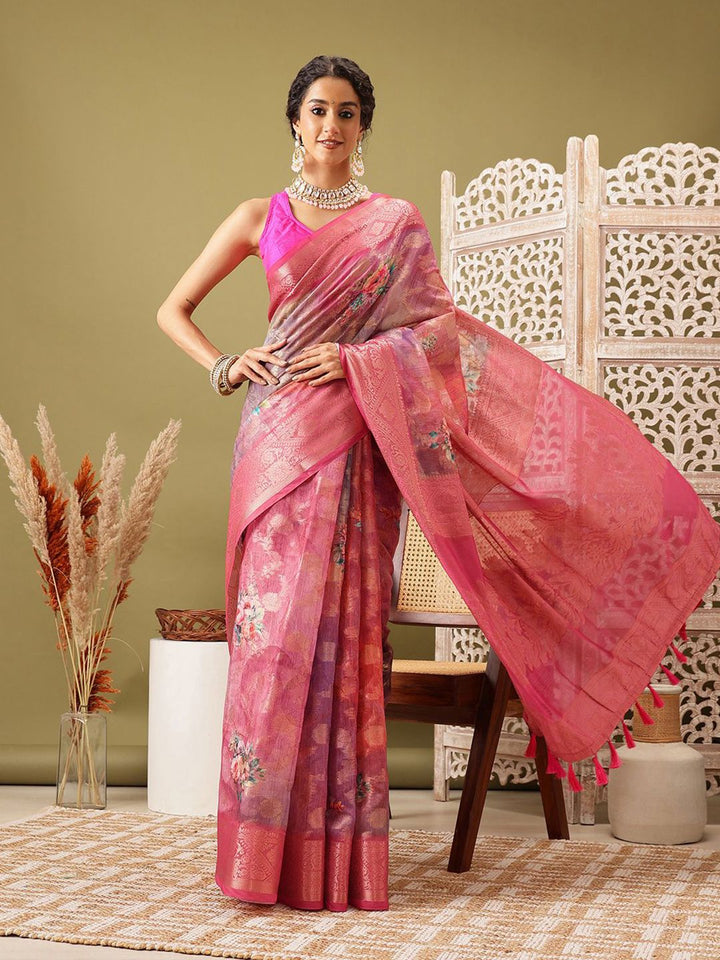Silk Land Woven Banarasi Floral  Digital Print Saree