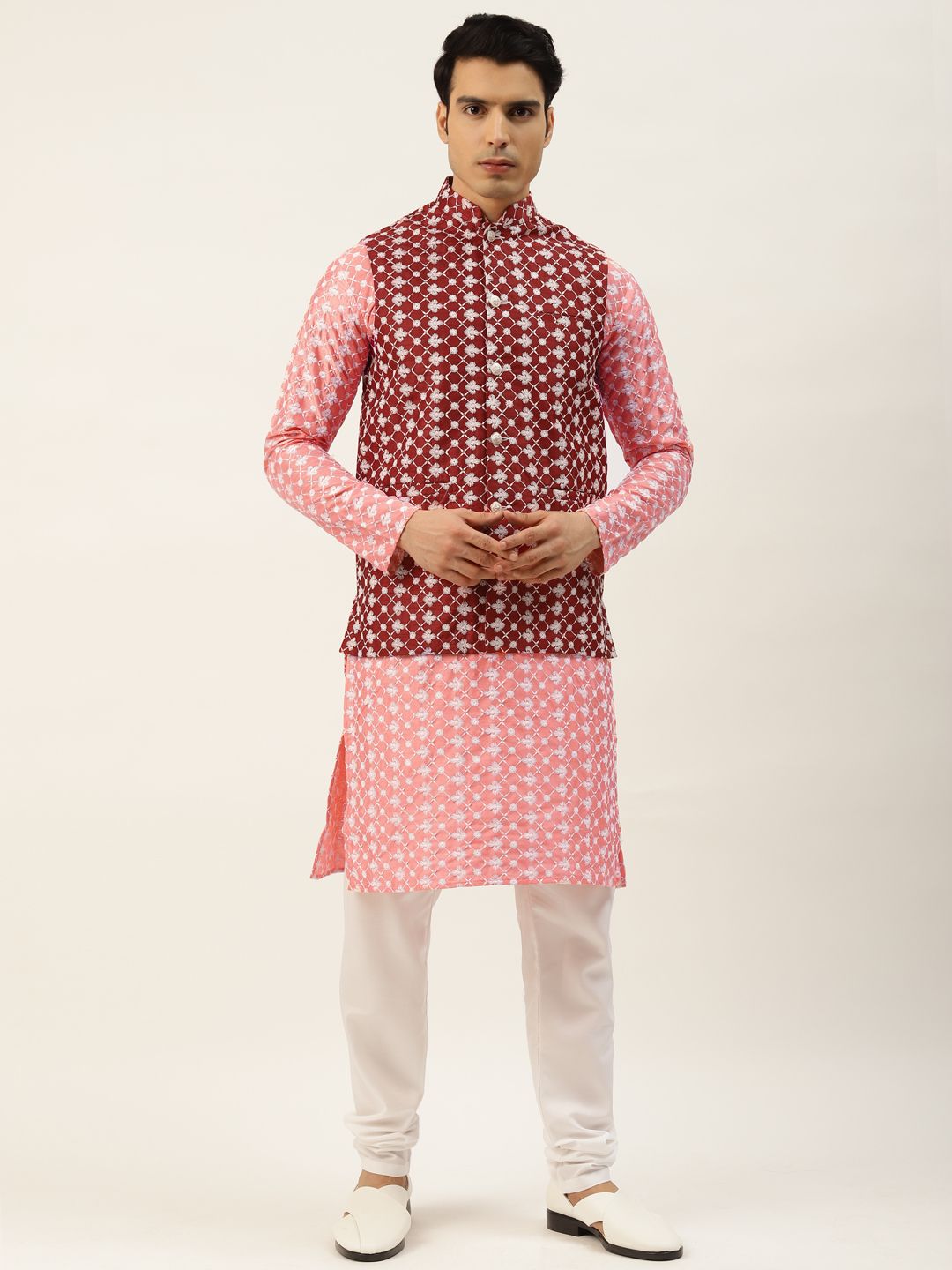 SOJANYA Lelaki Motif Etnik Merah Jambu Bersulam Benang Kerja Kurta dengan Churidar