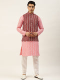 SOJANYA Lelaki Motif Etnik Merah Jambu Bersulam Benang Kerja Kurta dengan Churidar