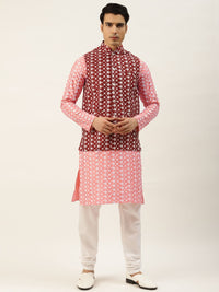 SOJANYA Lelaki Motif Etnik Merah Jambu Bersulam Benang Kerja Kurta dengan Churidar
