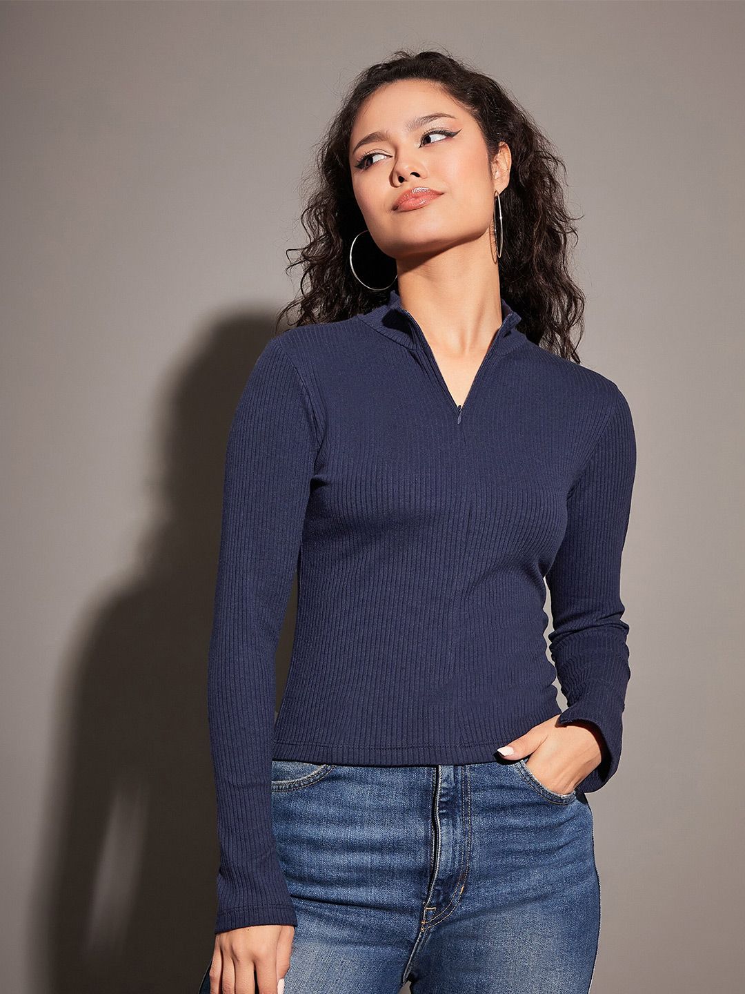 SASSAFRAS Navy Blue High Neck Half Zipper Fitted Top