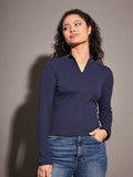 SASSAFRAS Navy Blue High Neck Half Zipper Fitted Top
