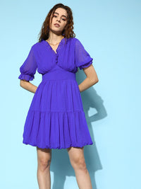 Antheaa Self Design Puff Sleeve Ruffled Chiffon A-Line Mini Dress