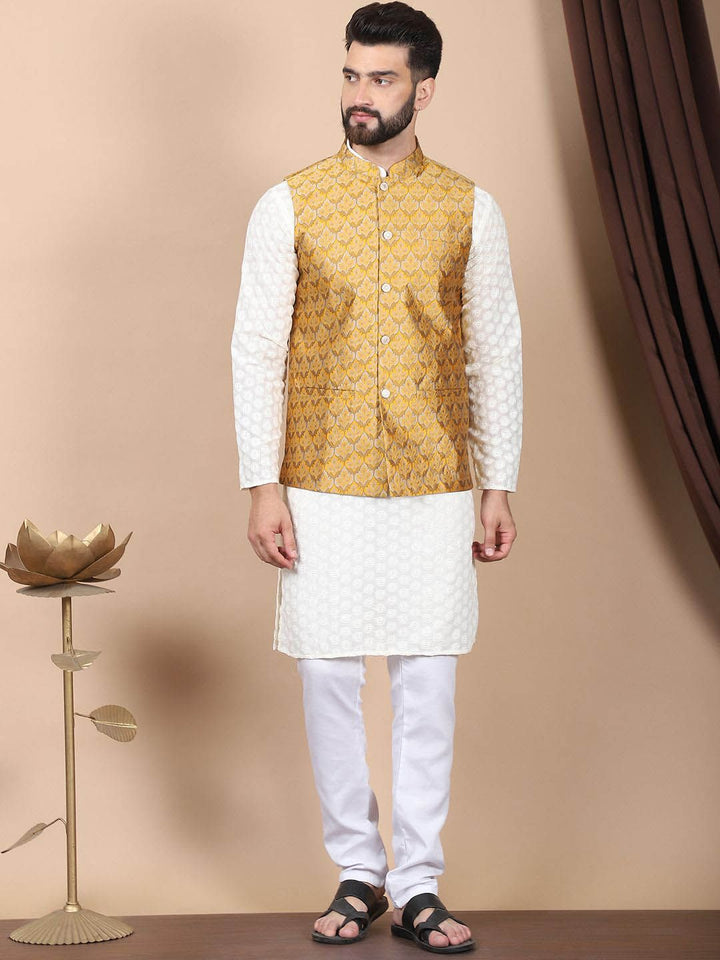 Anouk Cream-Coloured Floral Embroidered Pure Cotton Kurta with Churidar & Nehru Jacket