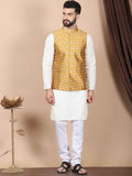 Anouk Cream-Coloured Floral Embroidered Pure Cotton Kurta with Churidar & Nehru Jacket