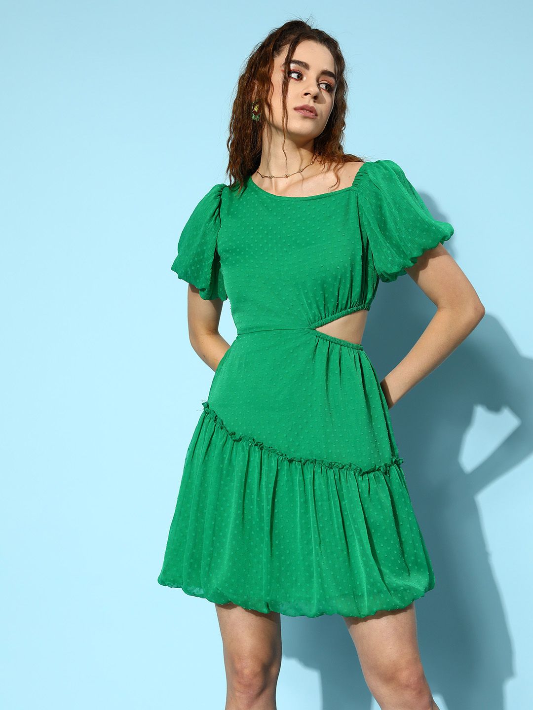 Antheaa Self Design Puff Sleeve Chiffon Fit & Flare Mini Dress