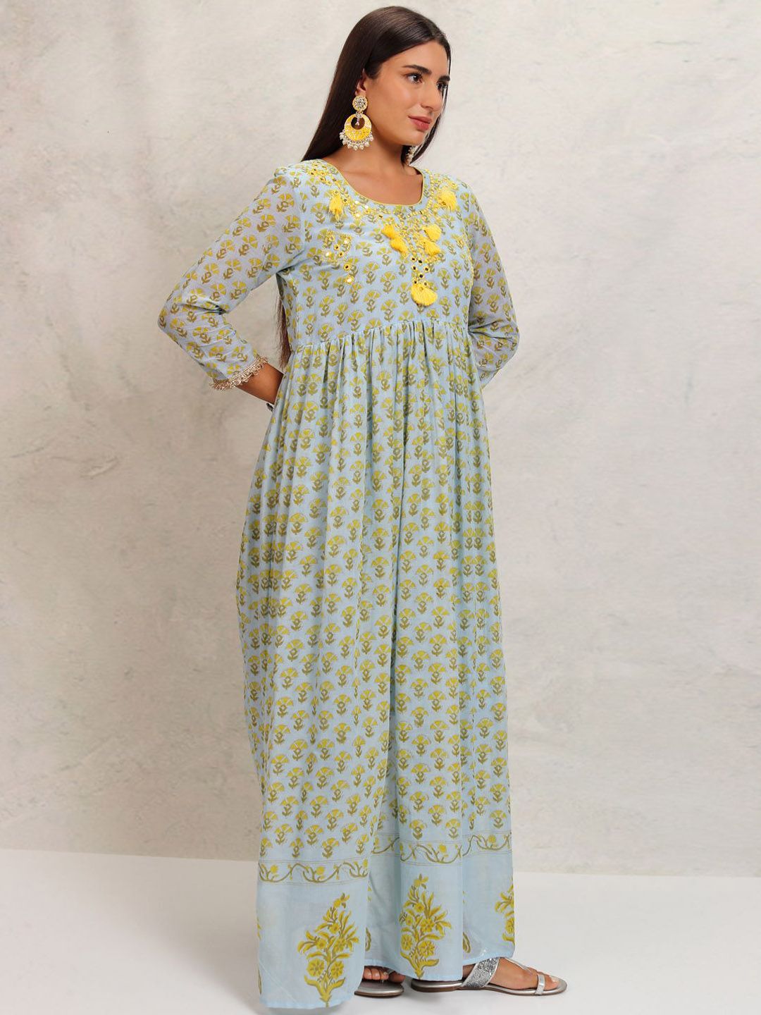 Vishudh Blue Floral Printed Mirror Work Pure Cotton Anarkali Kurta With Trousers & Dupatta