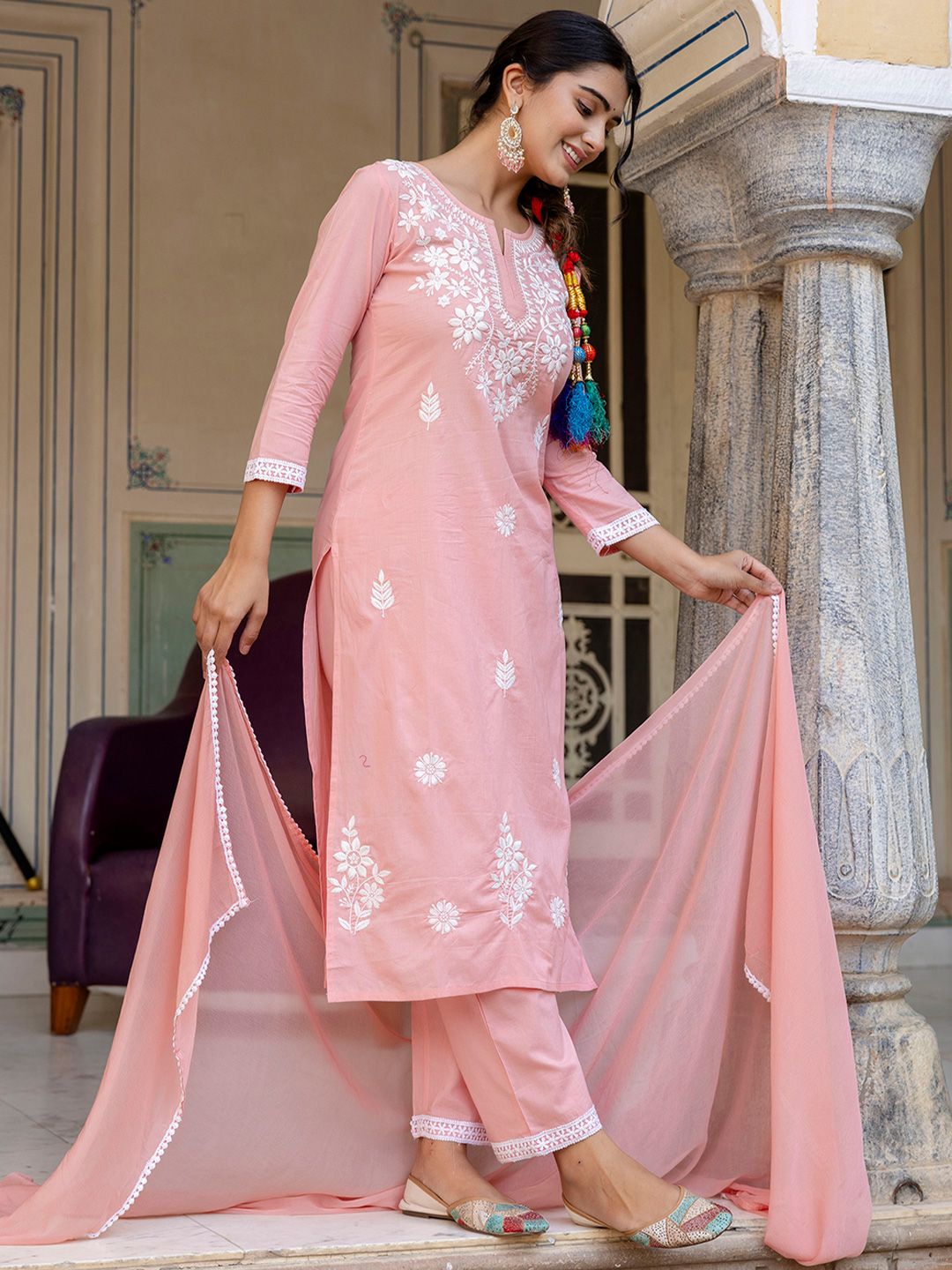 KALINI Floral Embroidered Yoke Design A-Line Pure Cotton Kurta With Trouser And Dupatta
