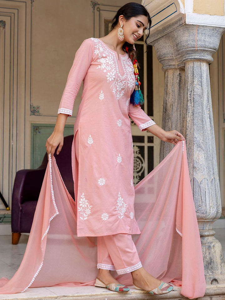 KALINI Floral Embroidered Yoke Design A-Line Pure Cotton Kurta With Trouser And Dupatta
