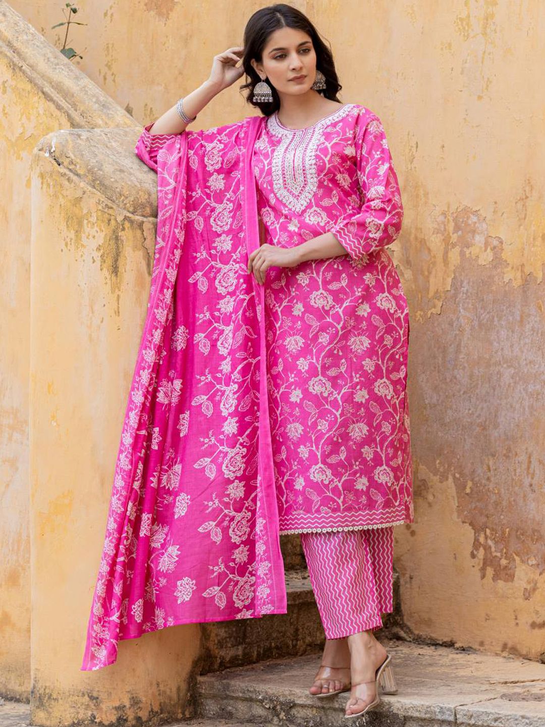Varanga Floral Printed Regular Thread Work Kurta with Trouser & Dupatta