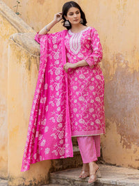 Varanga Floral Printed Regular Thread Work Kurta with Trouser & Dupatta
