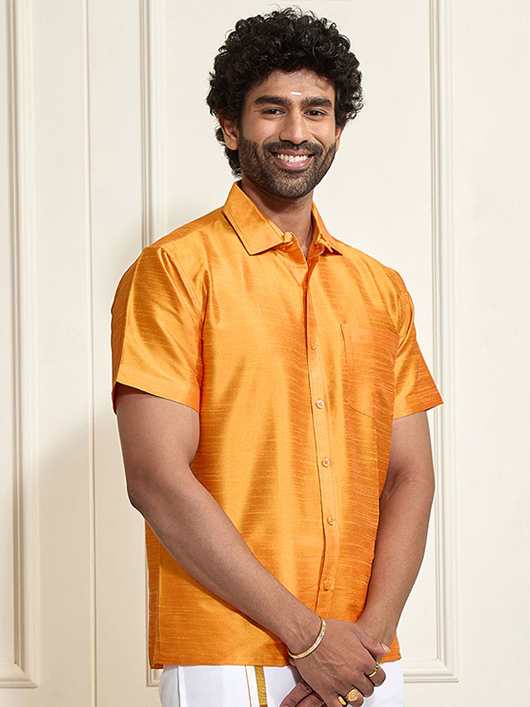 VASTRAMAY Premium Spread Collar Silk Shirt