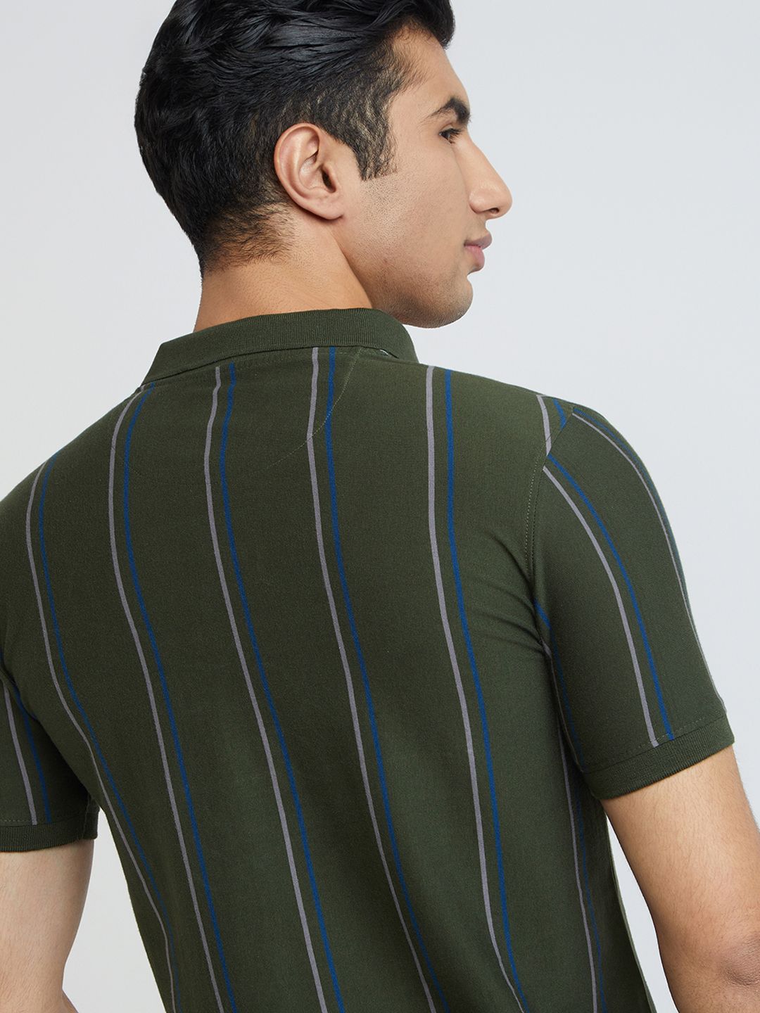 Raymond Men Green & Grey Striped Polo Collar Pure Cotton T-shirt