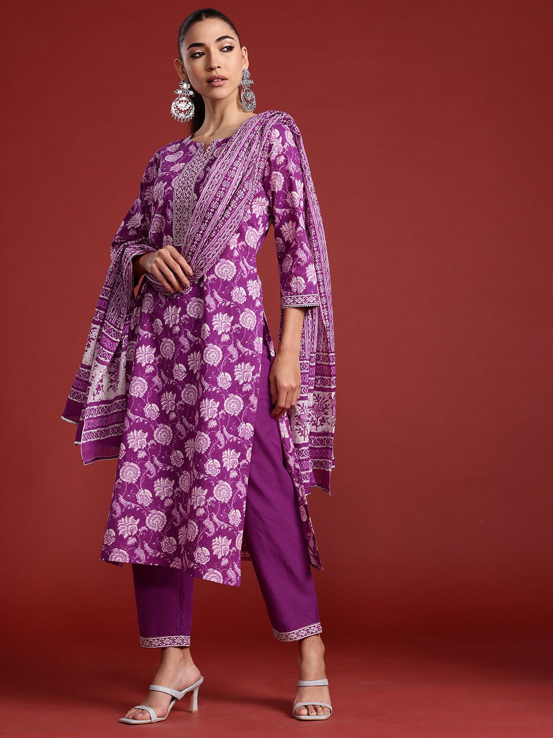 Indo Era Floral Printed Mirror Work Pure Cotton Kurta With Trousers & Dupatta