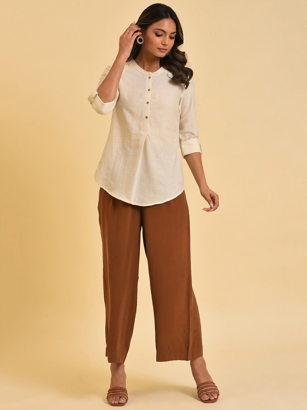 W Mandarin Collar Roll-Up Sleeves Cotton Shirt Style Top