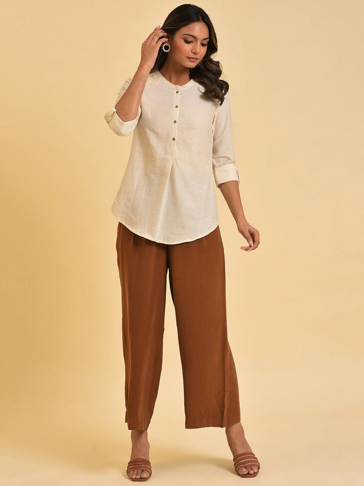W Mandarin Collar Roll-Up Sleeves Cotton Shirt Style Top