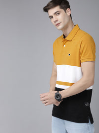 THE BEAR HOUSE Men Mustard Yellow  Black Colourblocked Polo Collar Slim Fit Pure Cotton T-shirt