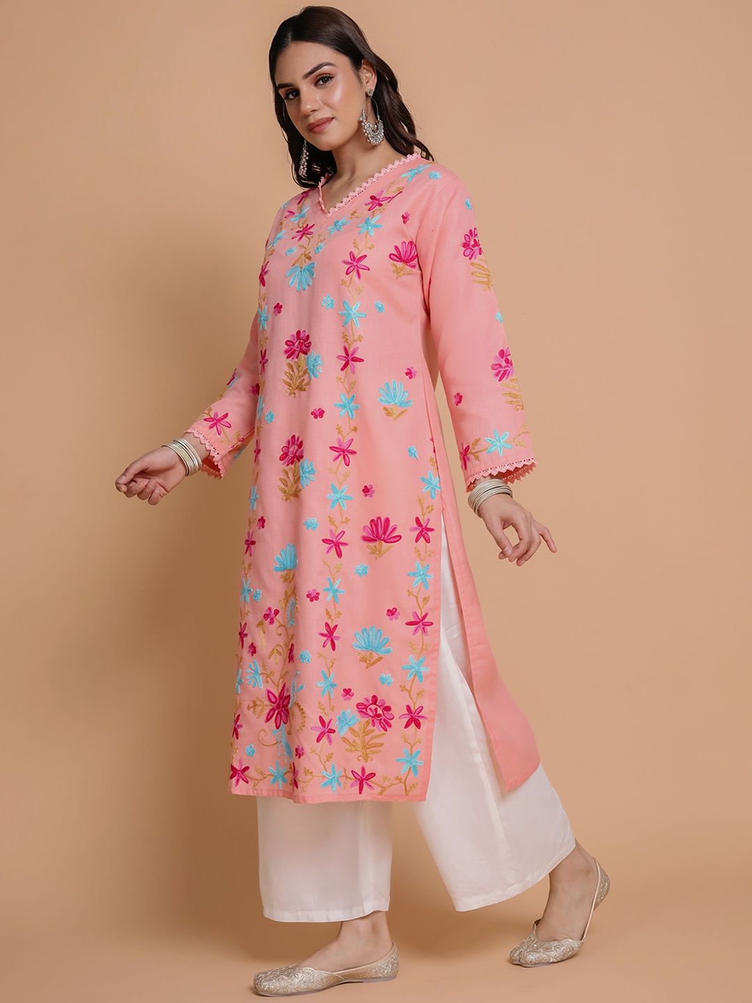 HOUSE OF KARI Floral Embroidered Pastels Cotton Straight Kurta