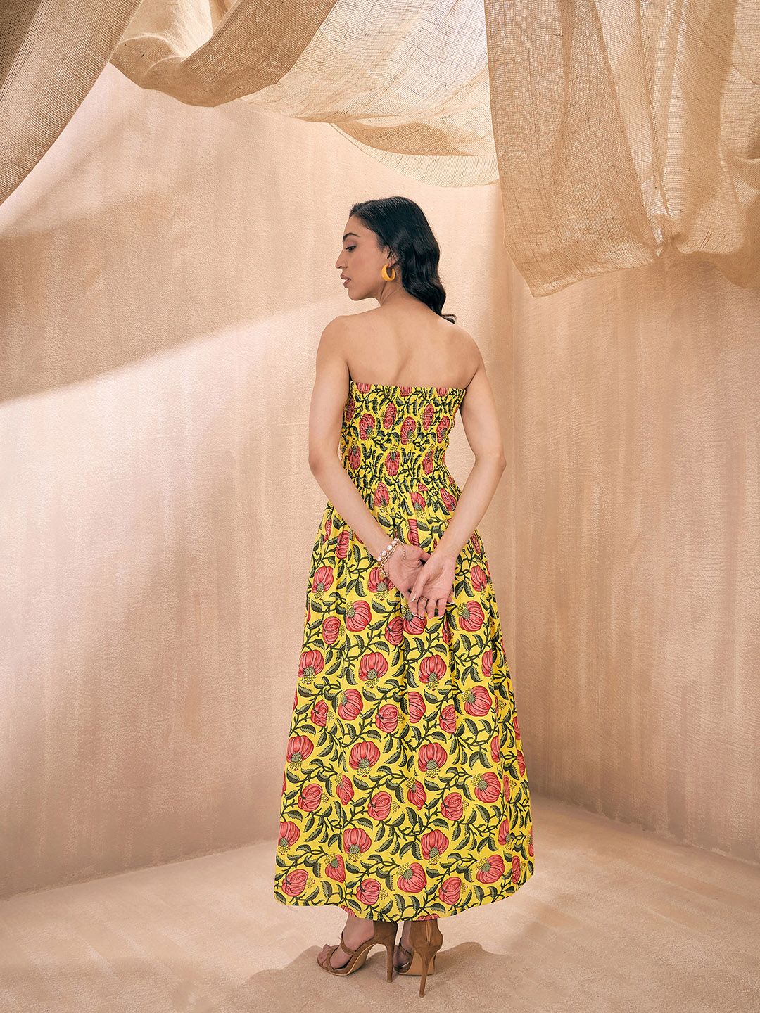 Pink Paprika by SASSAFRAS Yellow Floral Printed Smocked Fit & Flare Maxi Dress