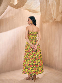 Pink Paprika by SASSAFRAS Yellow Floral Printed Smocked Fit & Flare Maxi Dress