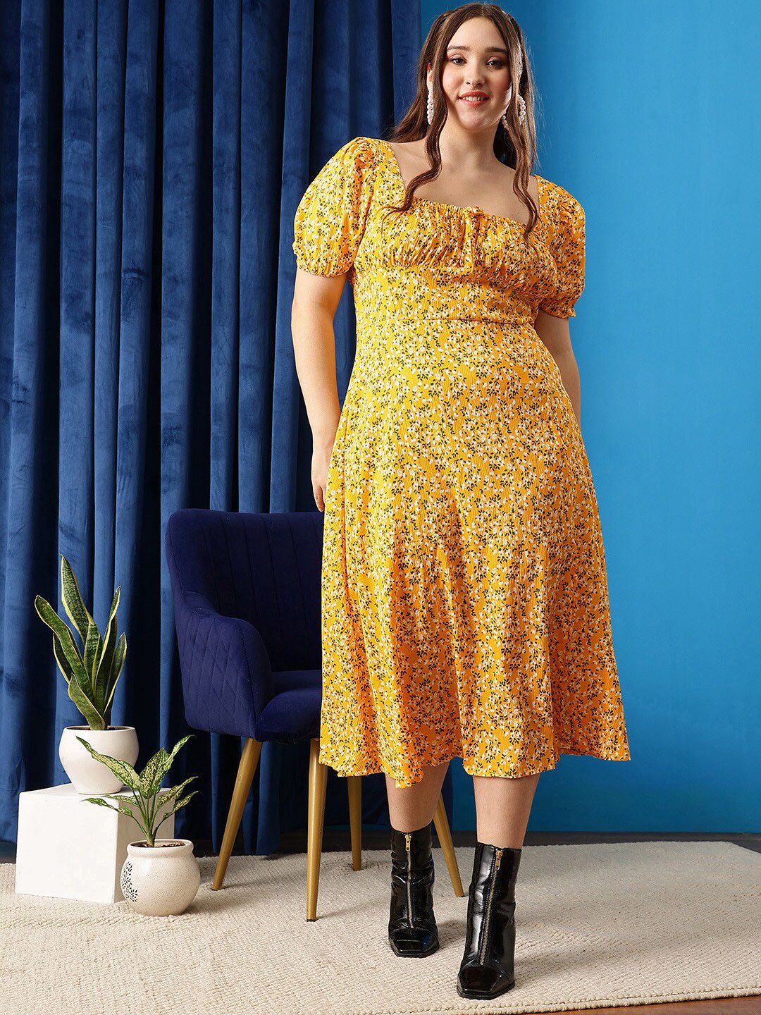 CURVY STREET Plus Size Floral Printed Square Neck Gathered Flounce A-Line Dress