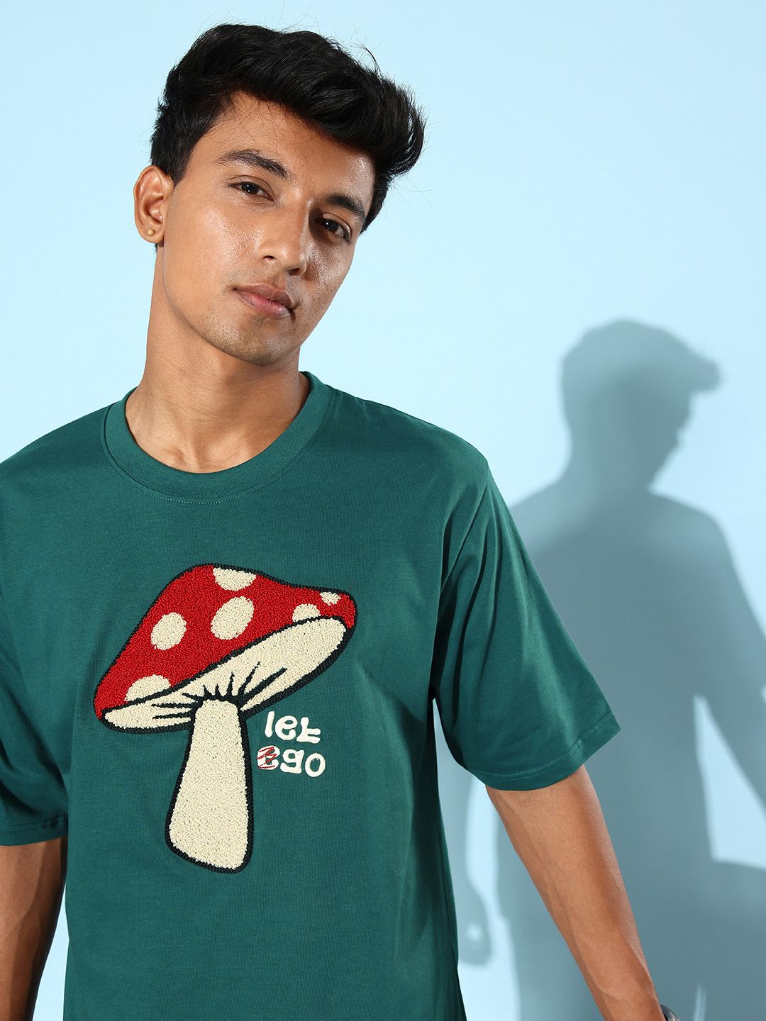 DILLINGER Men Green & Red Embroidered Oversized Pure Cotton Longline T-shirt
