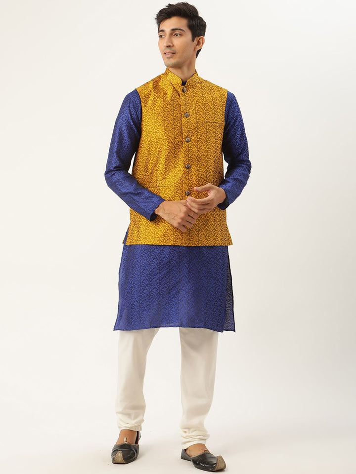 SOJANYA Men Blue Self Design Jacquard Silk Kurta with Churidar & Nehru Jacket