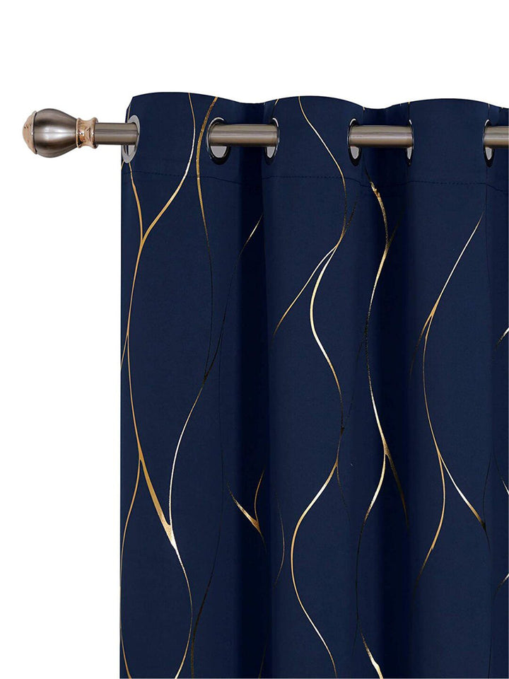 URBAN SPACE Navy Blue & Gold-Toned Black Out Door Curtain