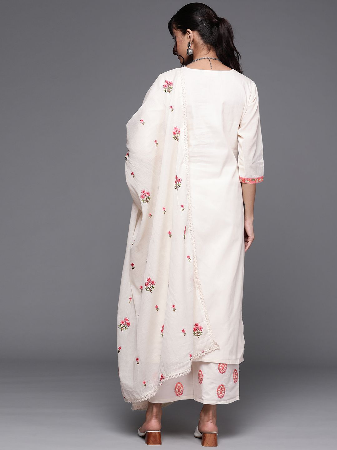 Libas Women Off White & Pink Cotton Floral Thread Work Kurta with Palazzos & Dupatta