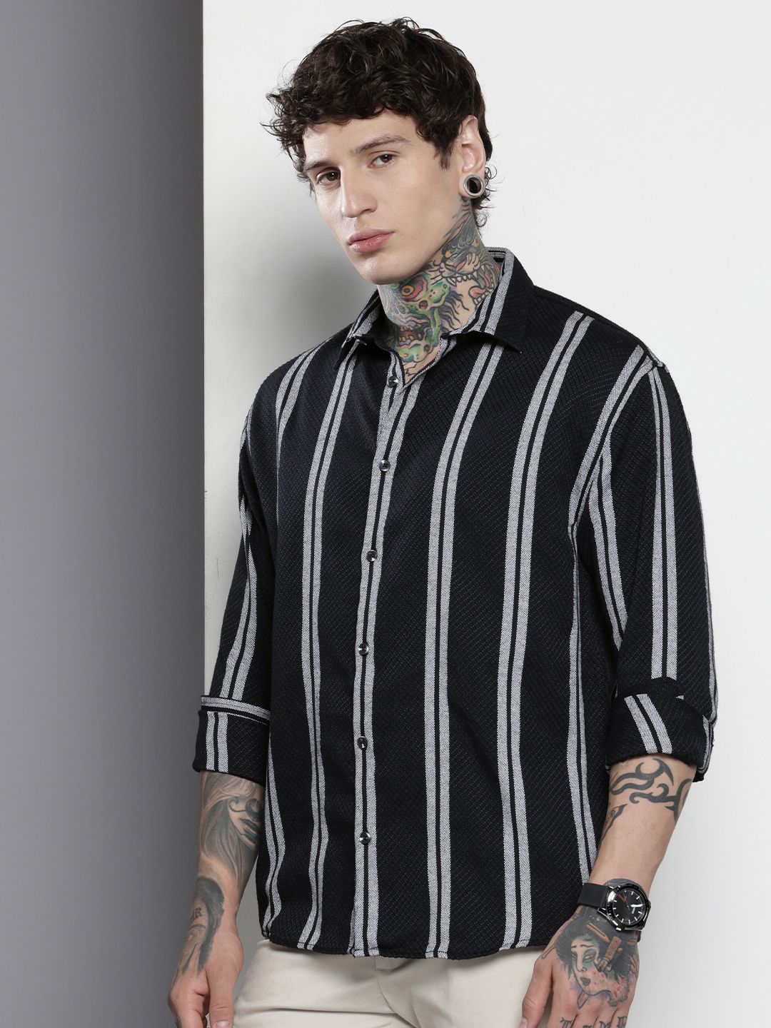 The Indian Garage Co Men Black Relaxed Fit Striped Dobby Resort Wear Shirt