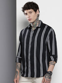 The Indian Garage Co Men Black Relaxed Fit Striped Dobby Resort Wear Shirt
