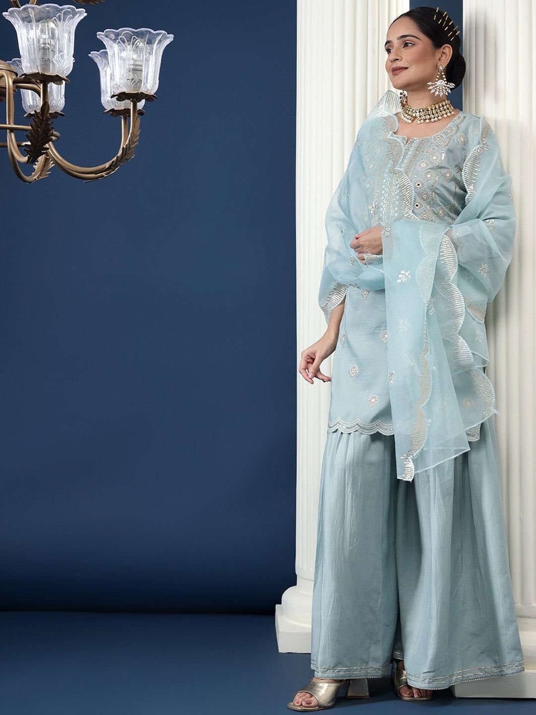 Bani Women Ethnic Motifs Embroidered High Slit Sequinned Kurta With Palazzos & Dupatta