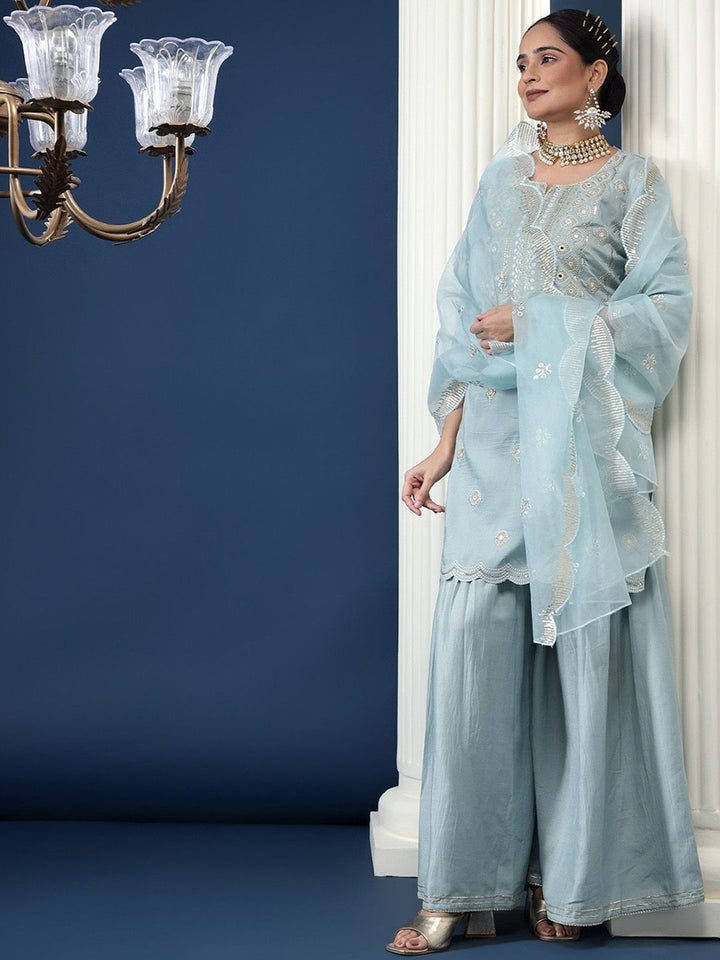 Bani Women Ethnic Motifs Embroidered High Slit Sequinned Kurta With Palazzos & Dupatta