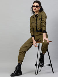 Street 9 Wanita Olive Hijau & Hitam Bercetak Jaket Denim Tanaman Cotton Lightweight