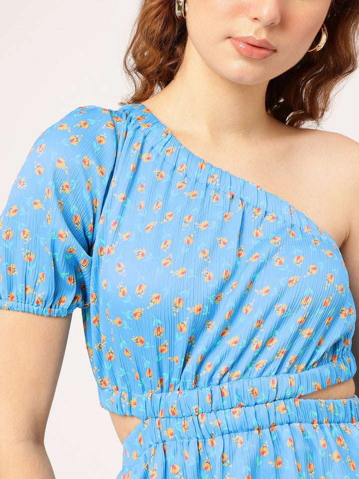 DressBerry Floral Fantasy One-Shoulder Cut-Out Printed Mini A-Line Dress