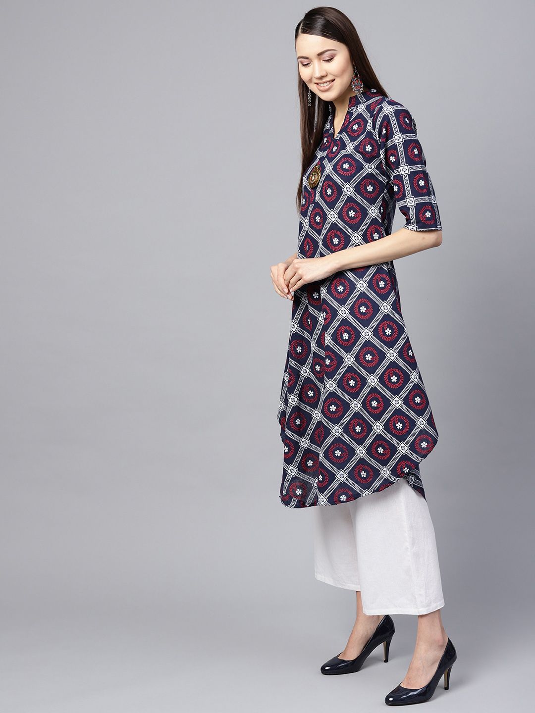 SOJANYA Kurta A-Line Cetakan Biru Laut & Maroon Wanita