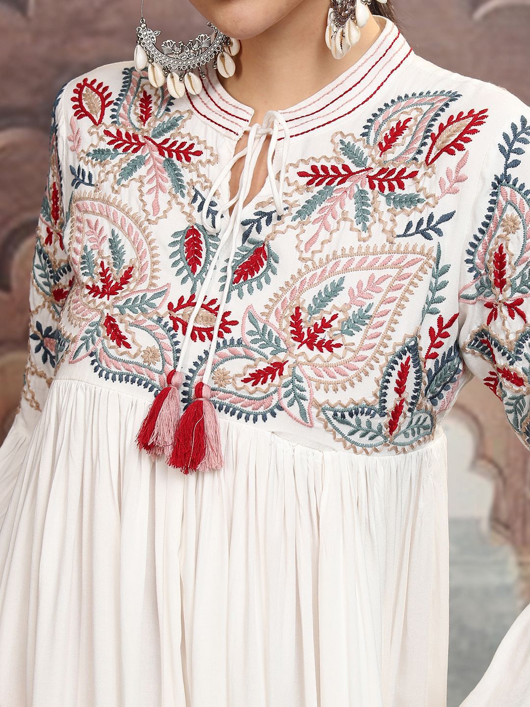 Vishudh White Floral Embroidered Tie-Up Neck Flared Sleeves Velvet A-Line Midi Dress