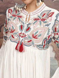 Vishudh White Floral Embroidered Tie-Up Neck Flared Sleeves Velvet A-Line Midi Dress
