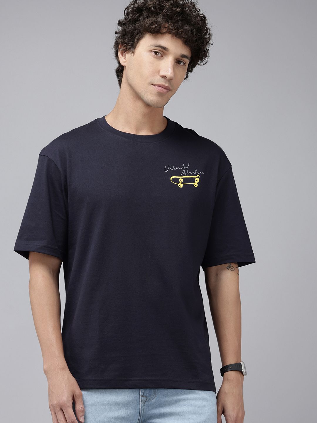 SPYKAR Graphic Printed Drop-Shoulder Sleeves Oversized T-shirt