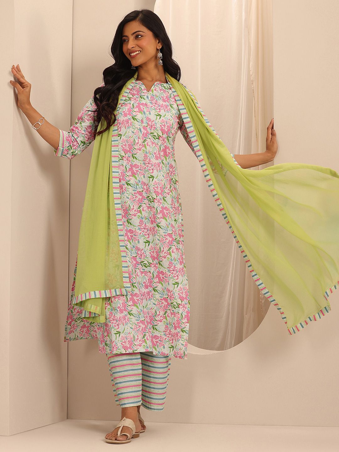 Libas Off white Floral Printed Pure Cotton Straight Kurta With Palazzos & Dupatta