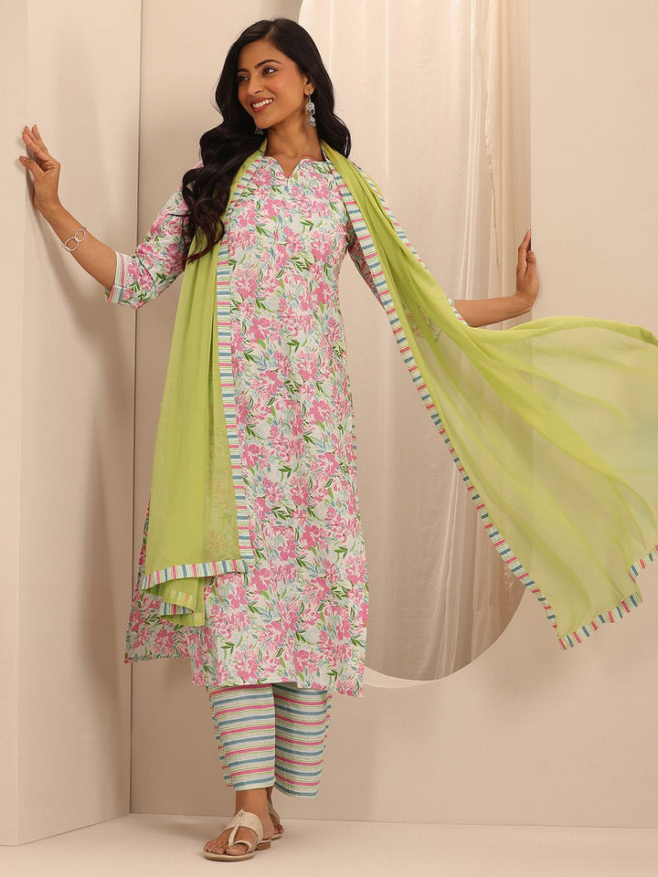 Libas Off white Floral Printed Pure Cotton Straight Kurta With Palazzos & Dupatta