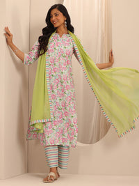 Libas Off white Floral Printed Pure Cotton Straight Kurta With Palazzos & Dupatta