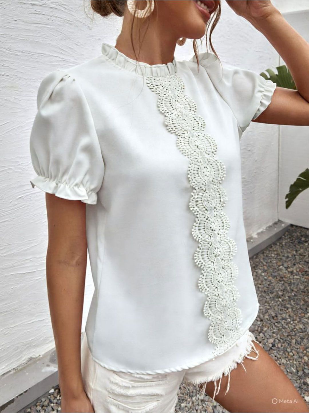 Berrylush Women High Neck Puff Sleeve Lace Inserts Detail Top