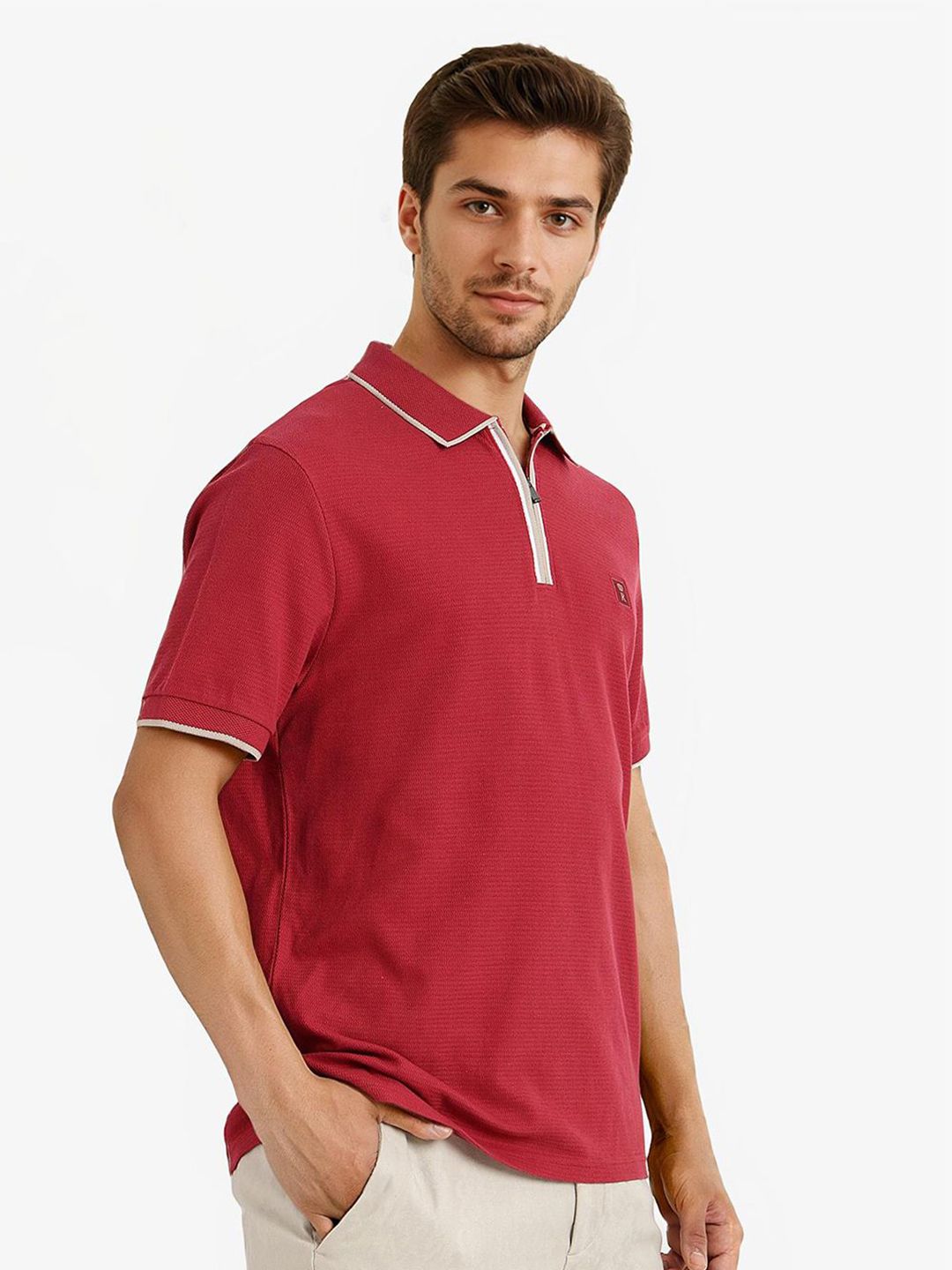RARE RABBIT Men Solid Pure Cotton Polo Collar T-shirt