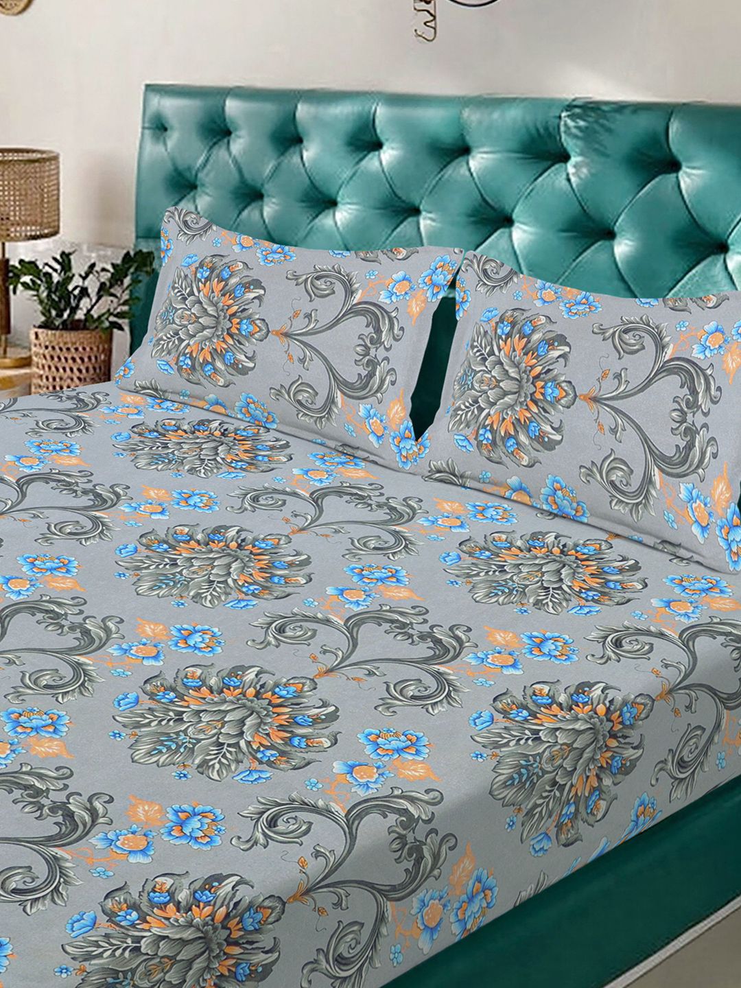 KLOTTHE Grey & Blue Floral Printed Fitted 400 TC King Bedsheet With 2 Pillow Cover