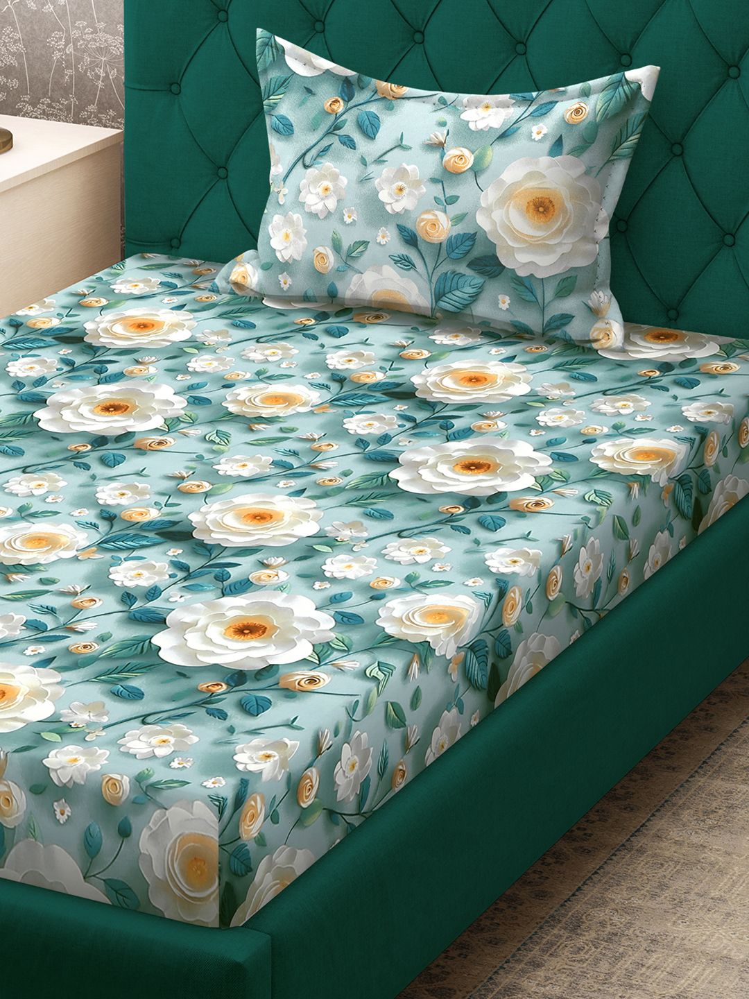 KLOTTHE Turquoise Blue Floral Printed Flat 300 TC Single Cadar 7D Dengan Sarung Bantal