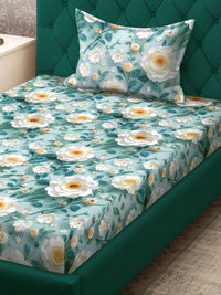 KLOTTHE Turquoise Blue Floral Printed Flat 300 TC Single Cadar 7D Dengan Sarung Bantal