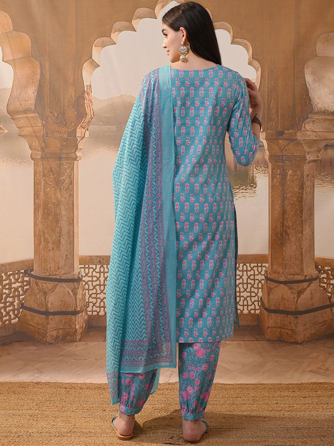 Vishudh Blue Floral Printed Regular Pure Cotton Straight Kurta with Trousers & Dupatta